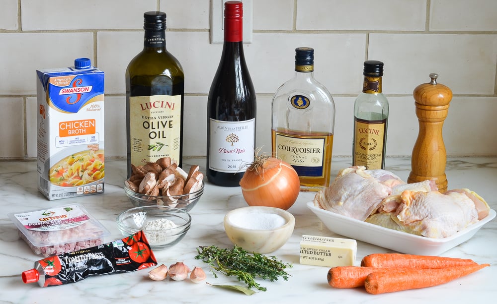 ingredients for Coq au Vin