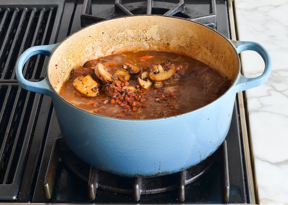 adding chicken. mushrooms, and pancetta back to pot