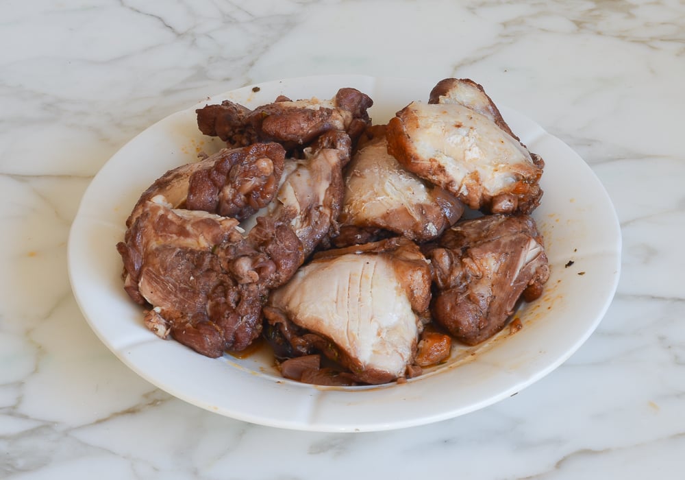 chicken thighs on plate with skin removed