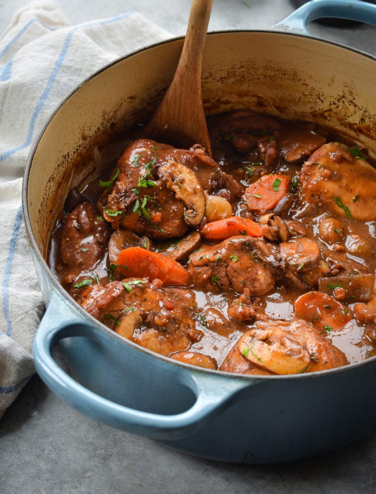 Coq au Vin in a Dutch oven.