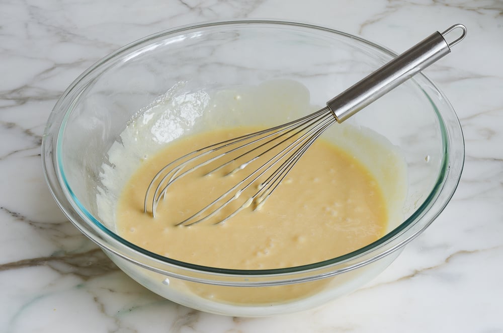 whisked liquid ingredients for chocolate chip muffins