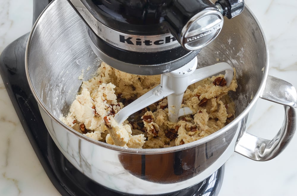 pecan shortbread cookie dough in mixer