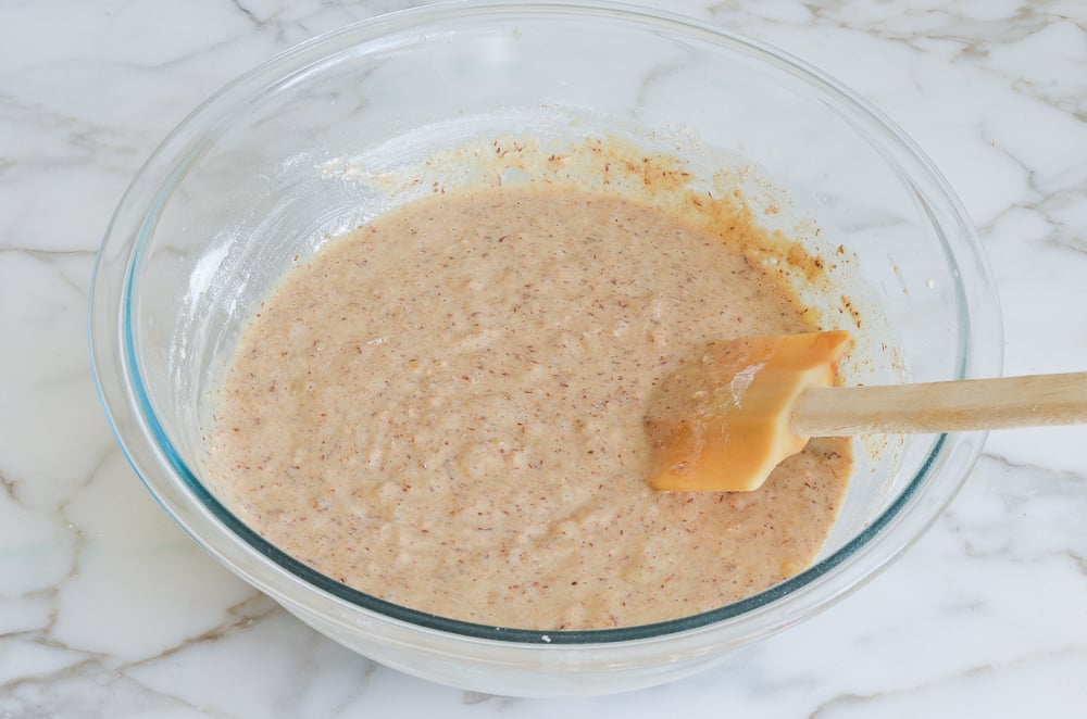mixed whole wheat banana bread batter in bowl