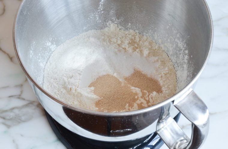 flour salt and yeast in mixer