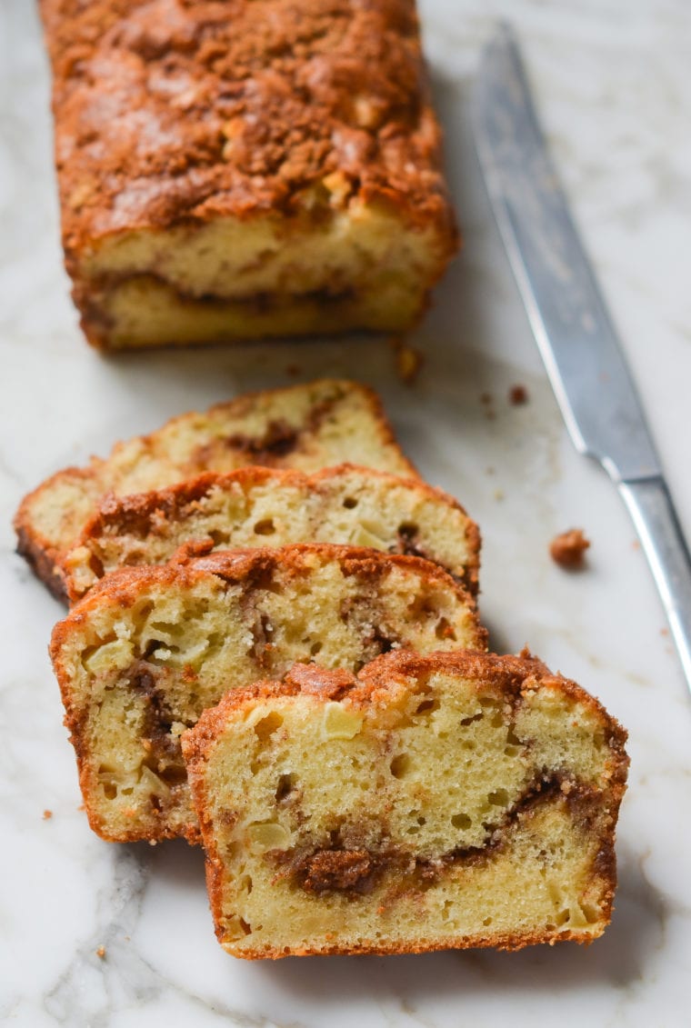 Slices of cinnamon swirl apple bread.