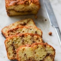 Slices of cinnamon swirl apple bread.