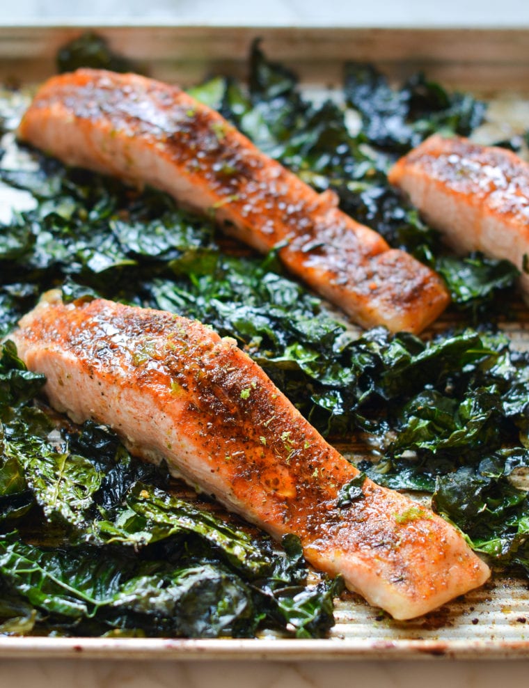 Blackened salmon with garlicky kale.