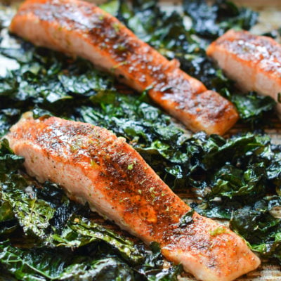 Blackened salmon with garlicky kale.