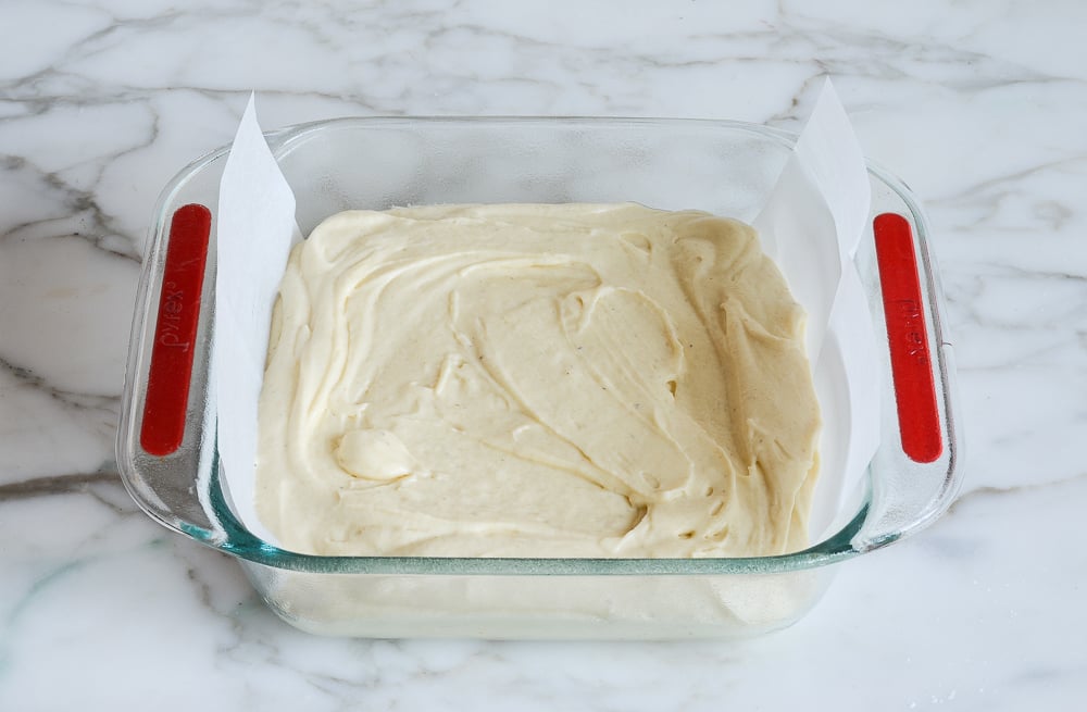 donut cake batter in pan - ready to bake