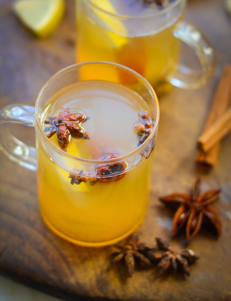 Hot Toddy in a handled glass mug.