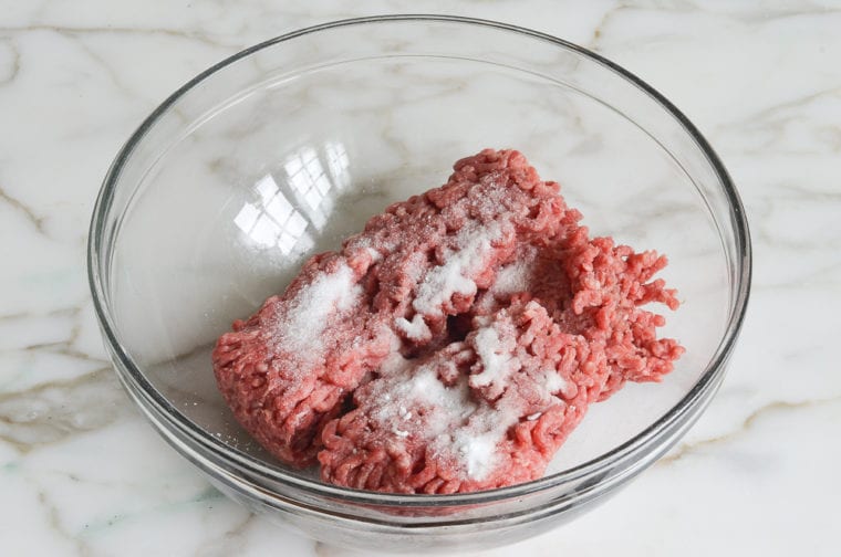 beef, salt, baking soda in bowl