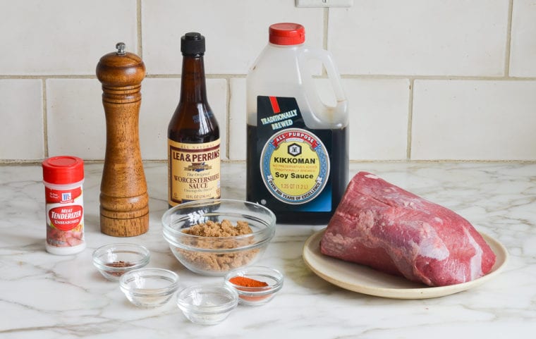 Jerky ingredients including Worcestershire sauce, soy sauce, and pepper.