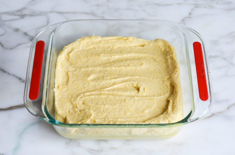 cornbread batter in baking dish.