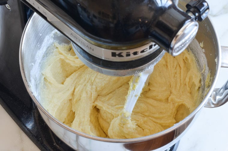 Cake batter in a stand mixer.