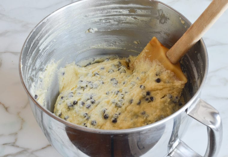 Spatula in a bowl of batter.