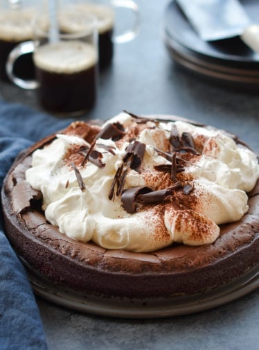 Flourless chocolate cake on a countertop.