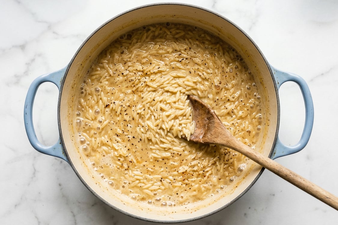 Creamy orzo in Dutch oven.