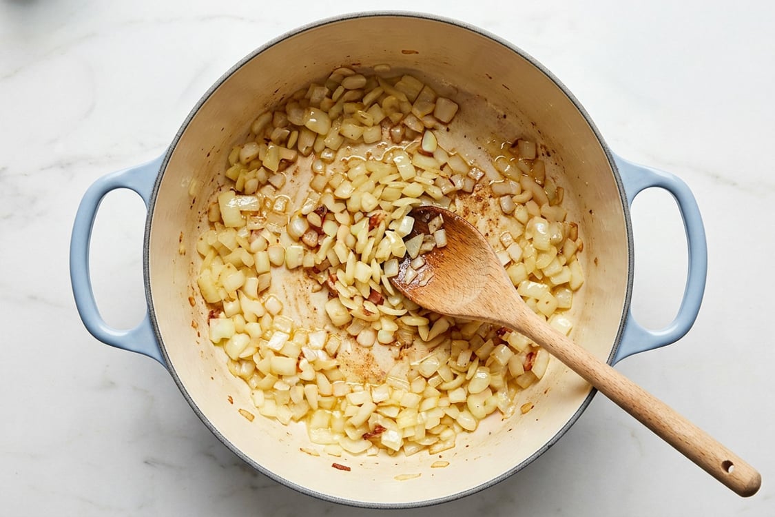 Onion and garlic cooking in Dutch oven.