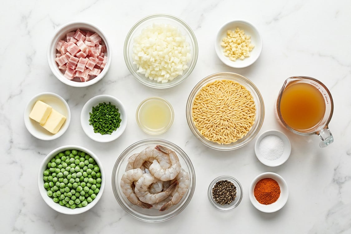 Ingredients for orzo with shrimp, bacon and peas. 