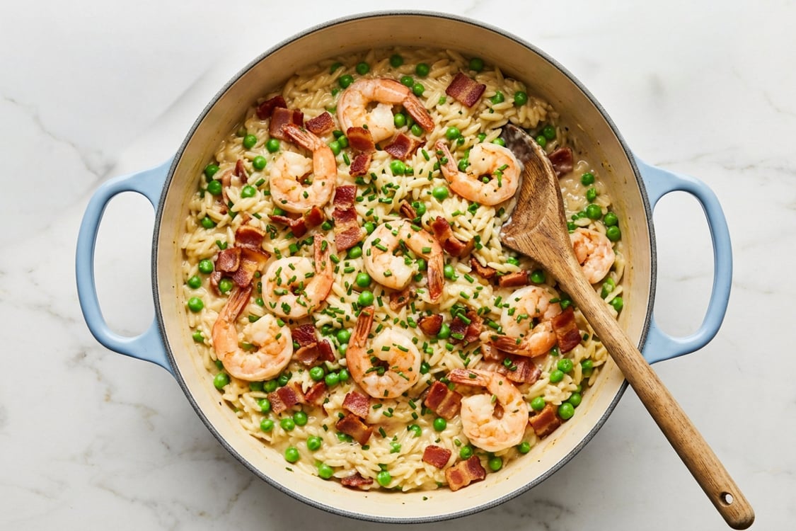 Orzo risotto with shrimp, bacon, and peas in Dutch oven.