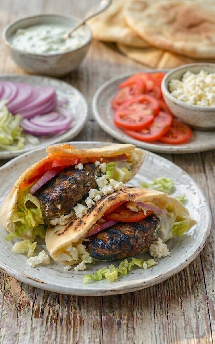 Lamb burgers on a plate with all the fixings.