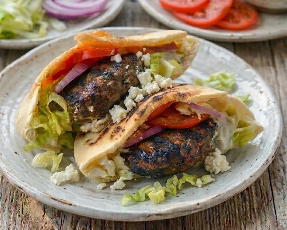 Lamb burgers stacked on plate with all the fixings.