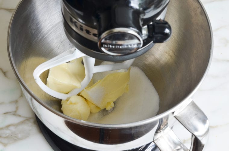 butter, sugar, and salt in mixer