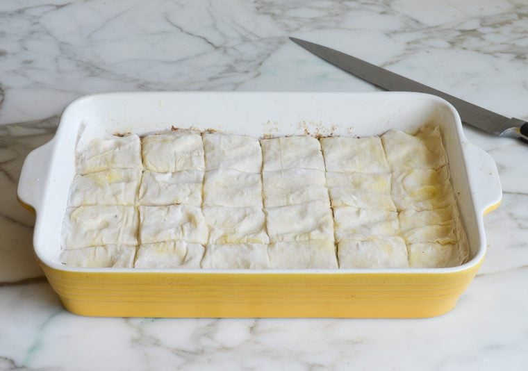 Baking dish of sliced baklava.