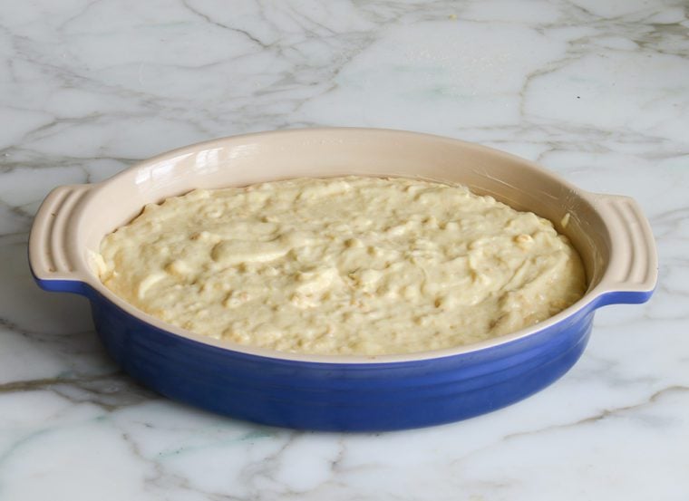 spoon bread batter in baking dish