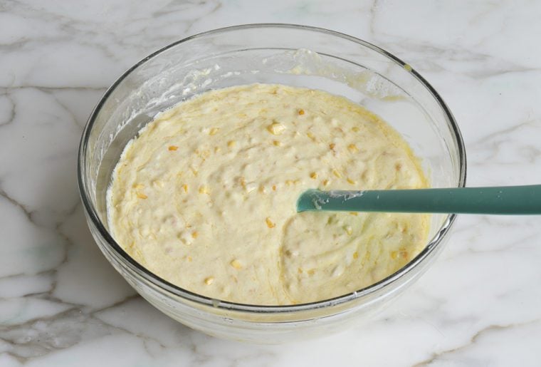 wet ingredients for spoon bread mixed in bowl