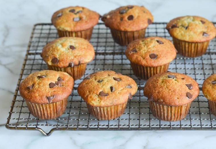 banana chocolate chip muffins cooling on rack