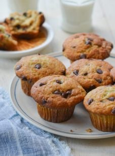 Plate of banana chocolate chip muffins.