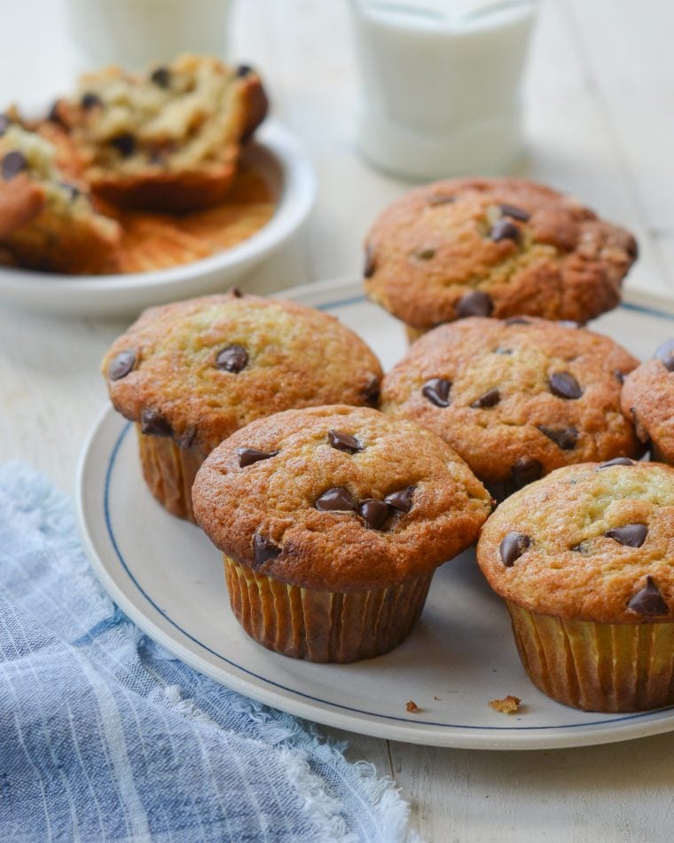 Plate of banana chocolate chip muffins.