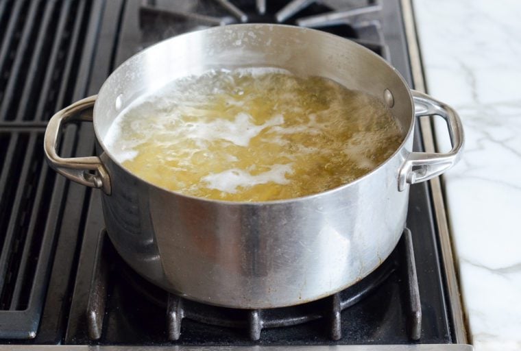Pot of boiling pasta.