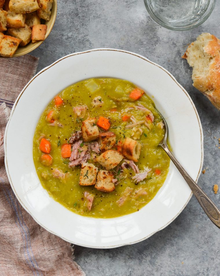 Spoon in a hearty bowl of split pea soup.