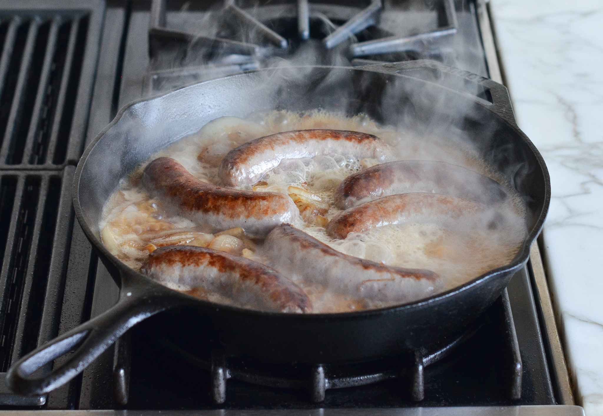 Beer boiling in a skillet.