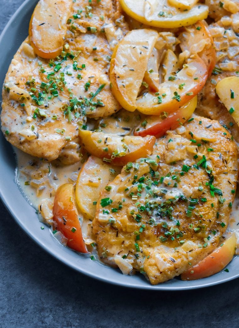 Large plate of chicken fricassee apples.