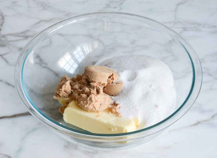 butter and sugars in bowl