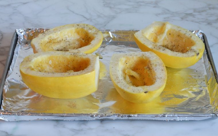 spaghetti squash on baking sheet