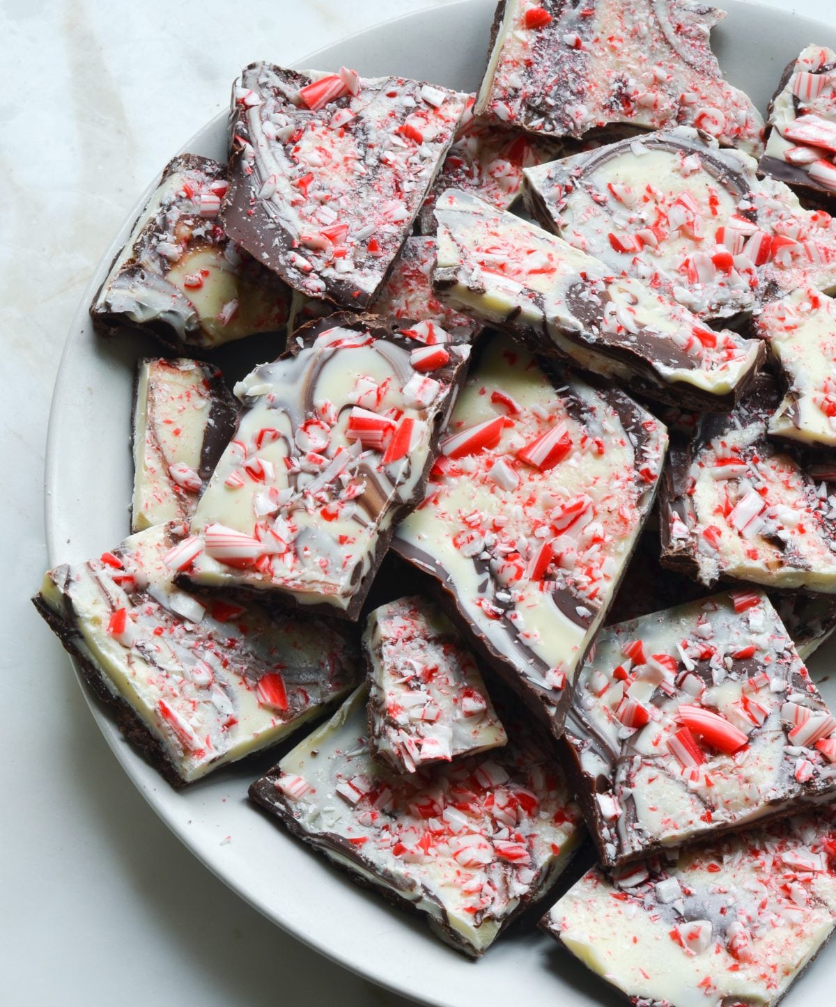 marbled peppermint bark on serving platter.