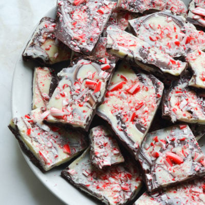 Pile of marbled peppermint bark on a plate.
