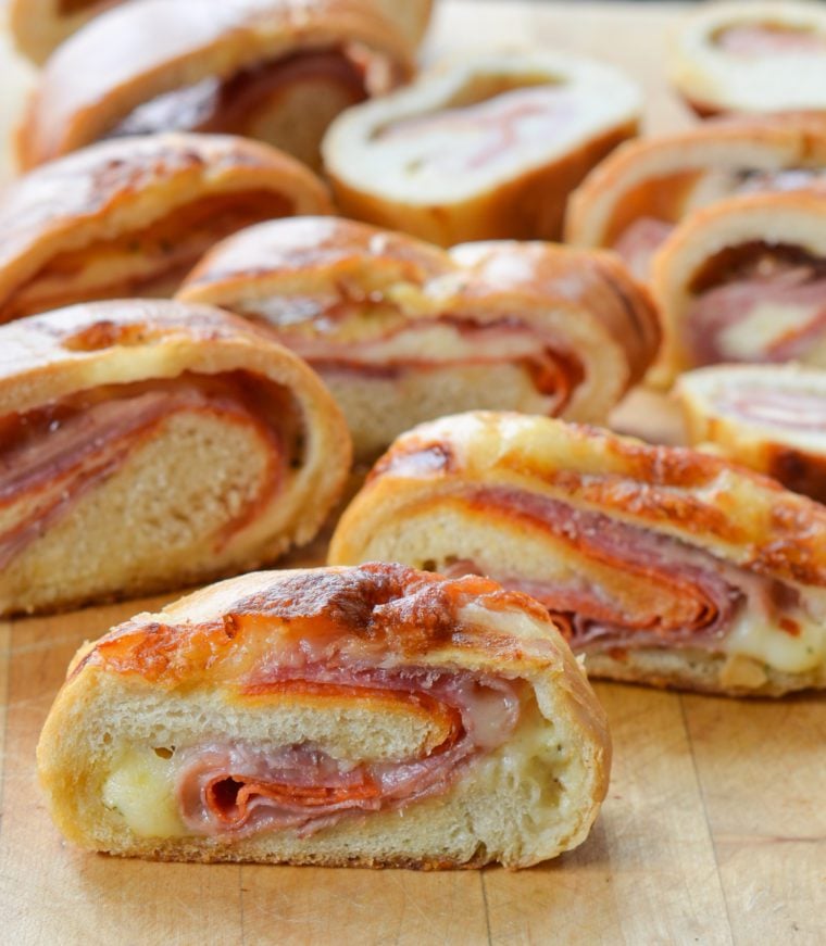 Stromboli on a cutting board.