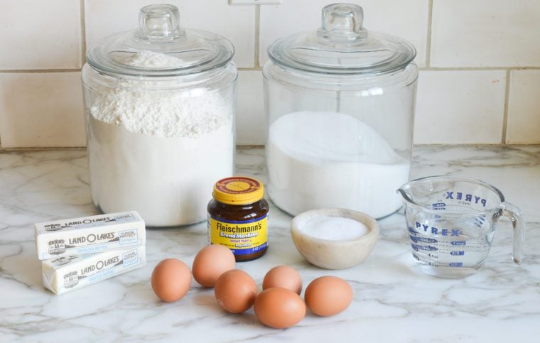 Brioche ingredients including eggs, yeast, and butter.