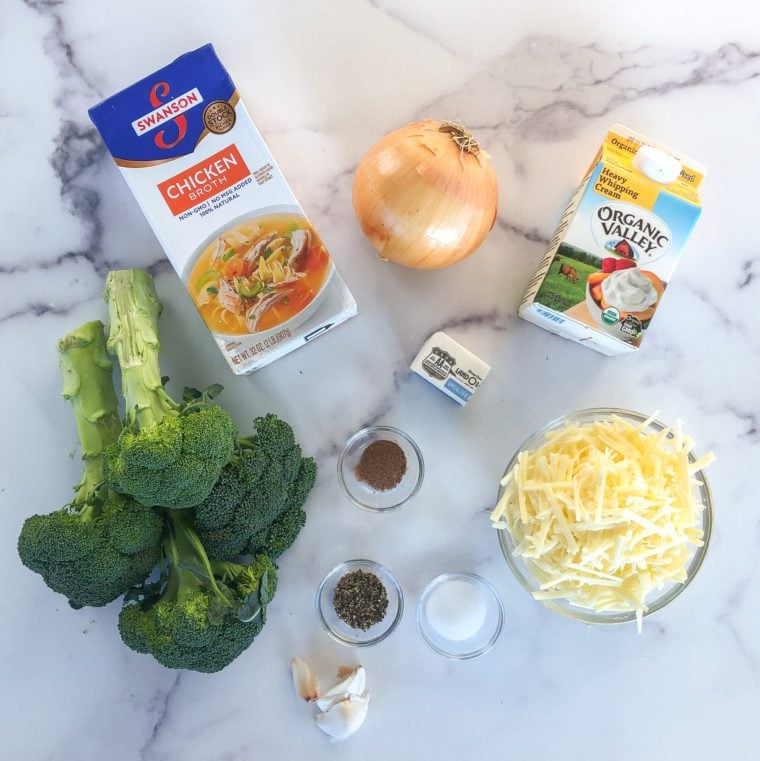 Soup ingredients including chicken broth, onion, and heavy cream.