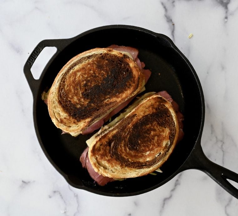 Cooking Reubens in skillet