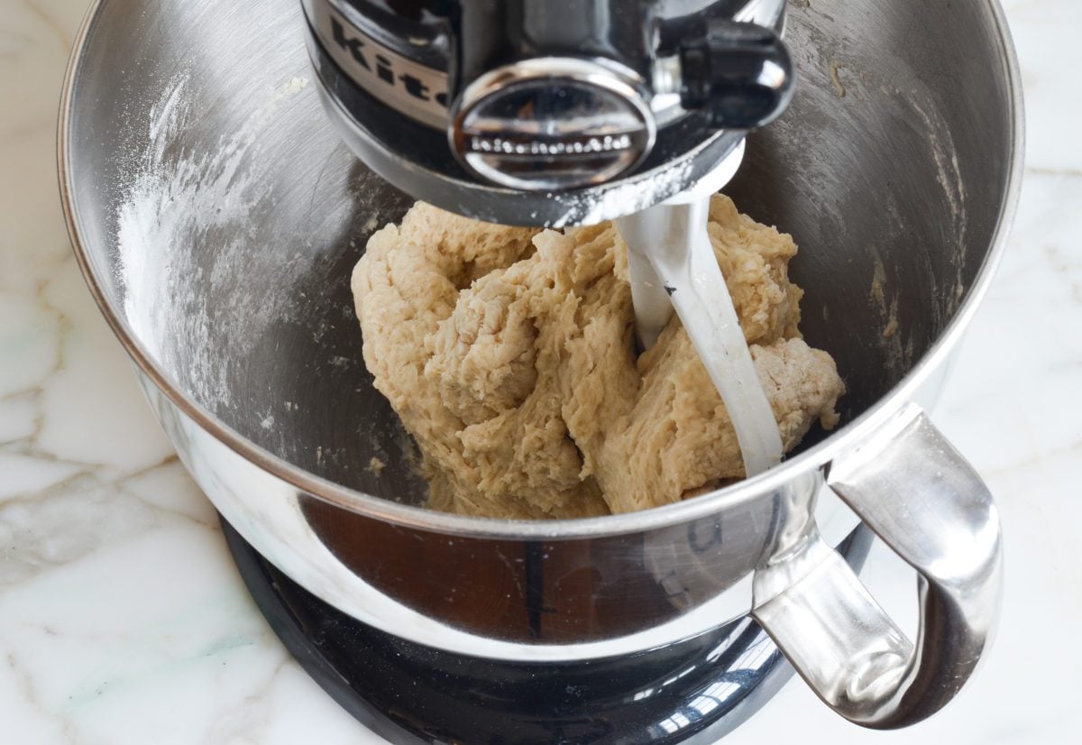 mixing the pretzel dough.