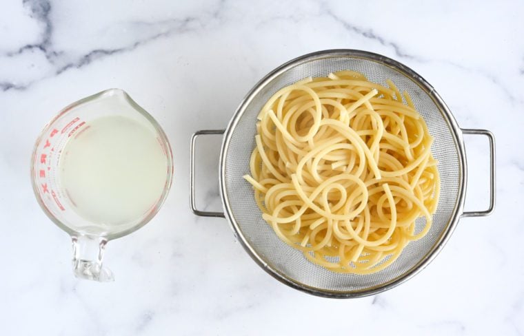 drained pasta and reserved pasta water