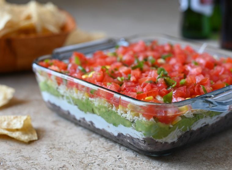 7 layer dip in serving dish.