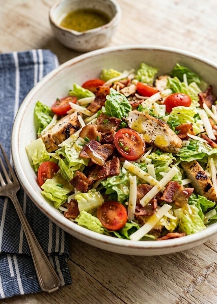 BLT Salad in ceramic bowl with small bowl of vinaigrette.