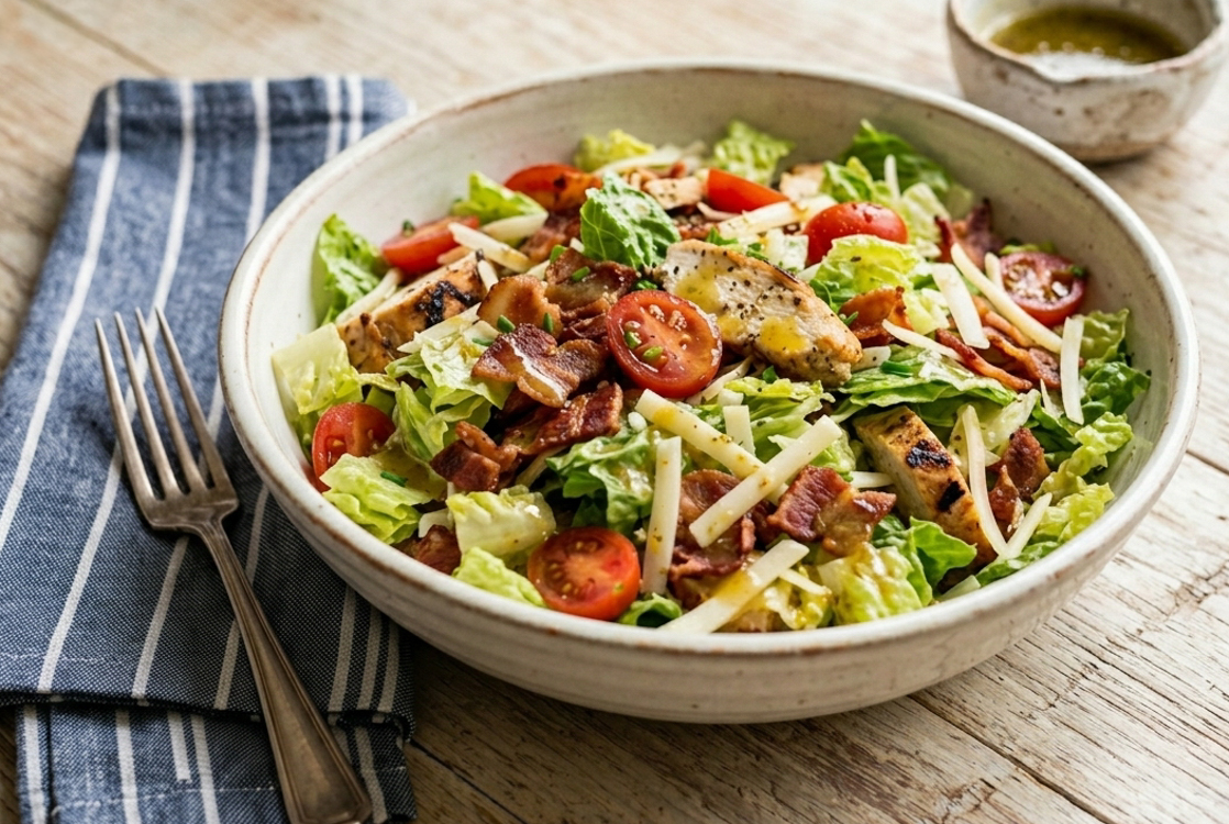 BLT Salad in ceramic bowl with small bowl of vinaigrette.